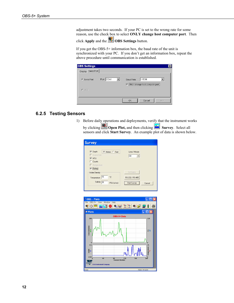 5 testing sensors, Testing sensors | Campbell Scientific OBS-5+ Sediment Concentration Monitor and Pressure Sensor User Manual | Page 20 / 52