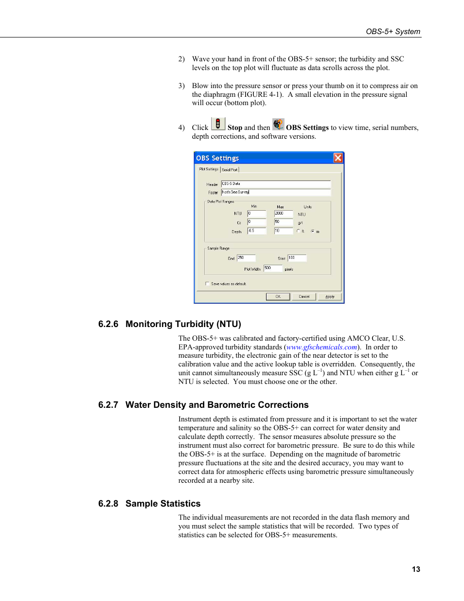 6 monitoring turbidity (ntu), 7 water density and barometric corrections, 8 sample statistics | Monitoring turbidity (ntu), Water density and barometric corrections, Sample statistics | Campbell Scientific OBS-5+ Sediment Concentration Monitor and Pressure Sensor User Manual | Page 21 / 52