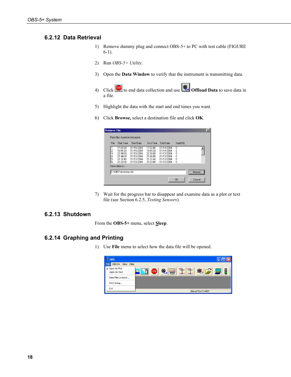 12 data retrieval, 13 shutdown, 14 graphing and printing | Data retrieval, Shutdown, Graphing and printing, Ee section 6.2.13 | Campbell Scientific OBS-5+ Sediment Concentration Monitor and Pressure Sensor User Manual | Page 26 / 52