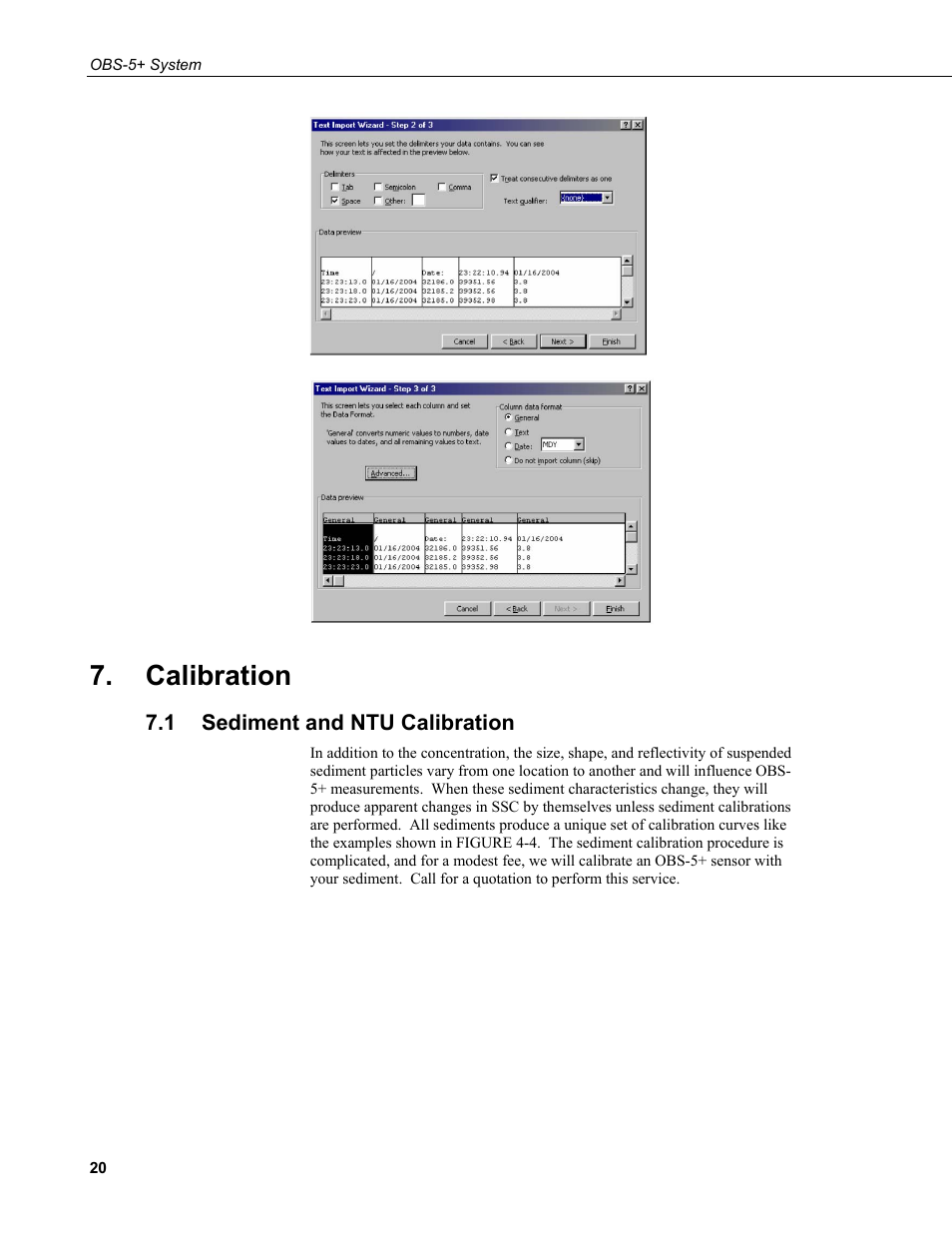 Calibration, 1 sediment and ntu calibration, Sediment and ntu calibration | Campbell Scientific OBS-5+ Sediment Concentration Monitor and Pressure Sensor User Manual | Page 28 / 52