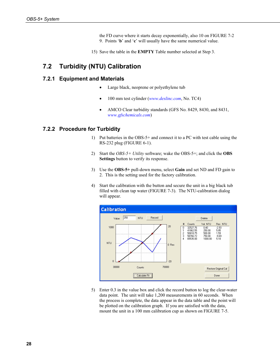 2 turbidity (ntu) calibration, 1 equipment and materials, 2 procedure for turbidity | Turbidity (ntu) calibration, Equipment and materials, Procedure for turbidity | Campbell Scientific OBS-5+ Sediment Concentration Monitor and Pressure Sensor User Manual | Page 36 / 52