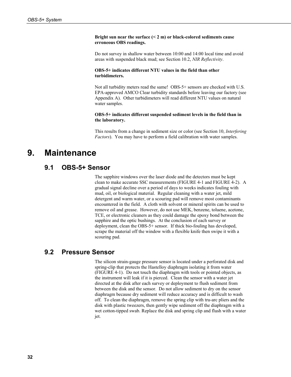 Maintenance, 1 obs-5+ sensor, 2 pressure sensor | Obs-5+ sensor, Pressure sensor | Campbell Scientific OBS-5+ Sediment Concentration Monitor and Pressure Sensor User Manual | Page 40 / 52