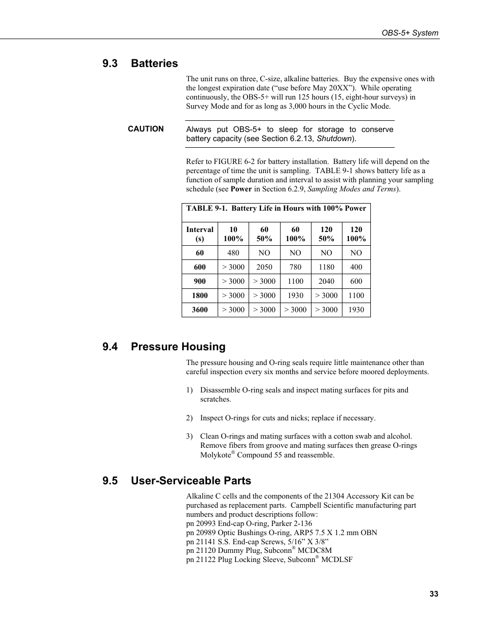 3 batteries, 4 pressure housing, 5 user-serviceable parts | Batteries, Pressure housing, User-serviceable parts, 1. battery life in hours with 100% power | Campbell Scientific OBS-5+ Sediment Concentration Monitor and Pressure Sensor User Manual | Page 41 / 52