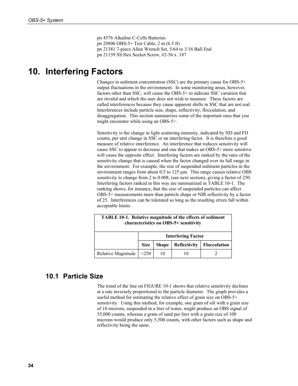 Interfering factors, 1 particle size, Particle size | Obs-5+ sensitivity, Section 10 | Campbell Scientific OBS-5+ Sediment Concentration Monitor and Pressure Sensor User Manual | Page 42 / 52