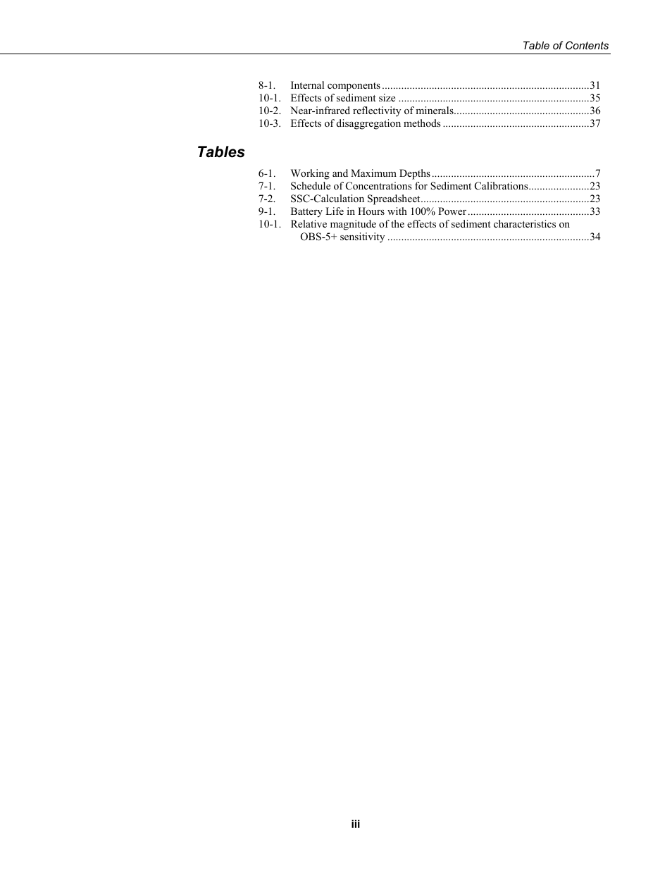 Tables | Campbell Scientific OBS-5+ Sediment Concentration Monitor and Pressure Sensor User Manual | Page 7 / 52