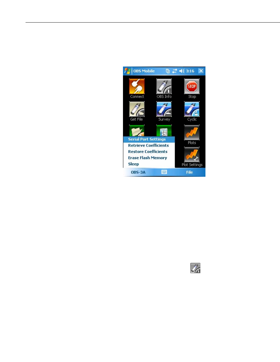3 pop-up menus, 4 communication settings, Pop-up menus -4 | Communication settings -4, 5. obs mobile pop-up menus -4 | Campbell Scientific OBS-Mobile Software for Archer-OBS User Manual | Page 10 / 26