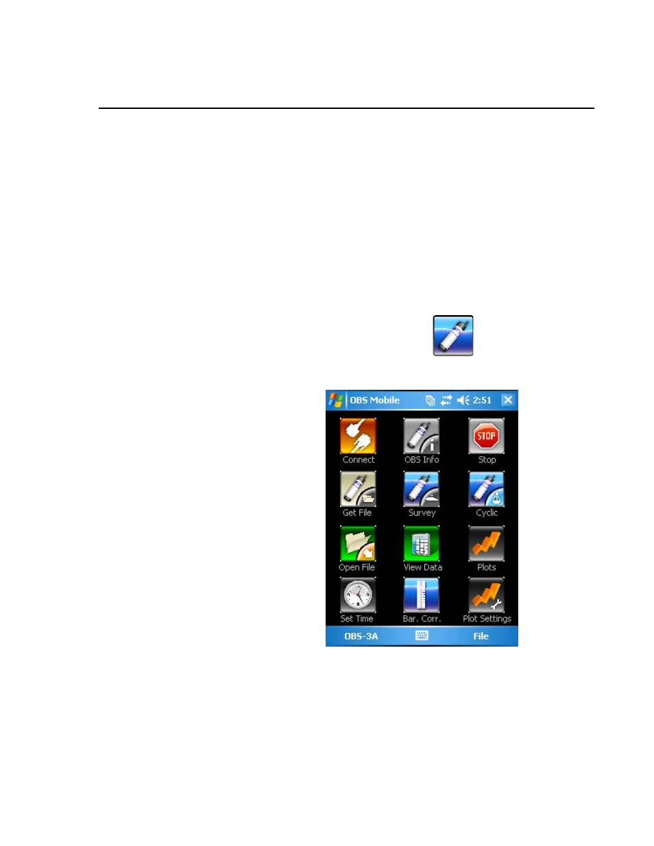 Section 1. operations, 1 software installation, 2 running obs-mobile | Section 1, Operations -1, Software installation -1, Running obs-mobile -1, 1. obs mobile main screen -1 | Campbell Scientific OBS-Mobile Software for Archer-OBS User Manual | Page 7 / 26