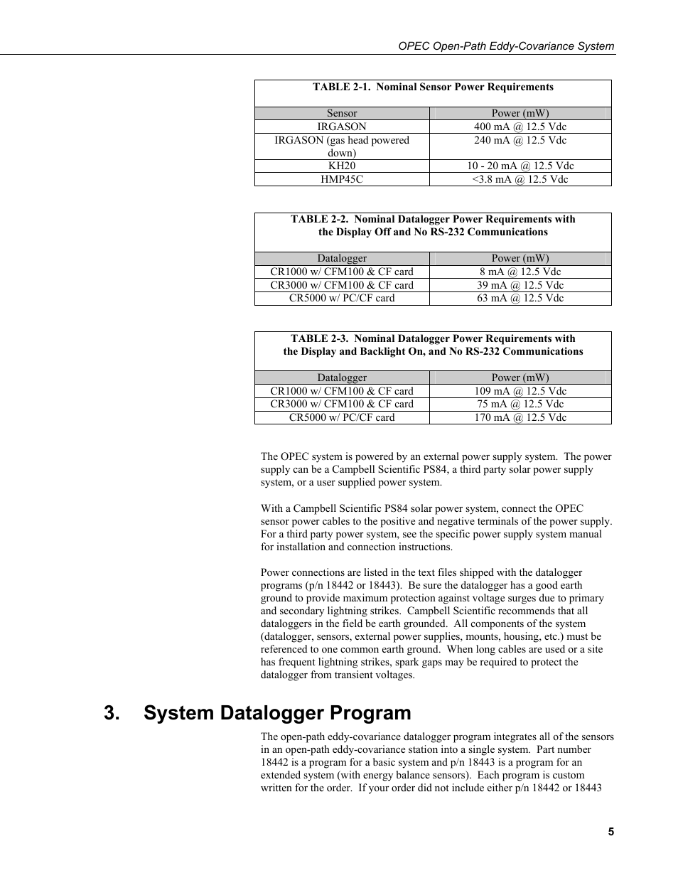 System datalogger program, 1. nominal sensor power requirements, And no rs-232 communications | Backlight on, and no rs-232 communications, System data, Logger program | Campbell Scientific Open Path Eddy Covariance (OPEC) User Manual | Page 13 / 56