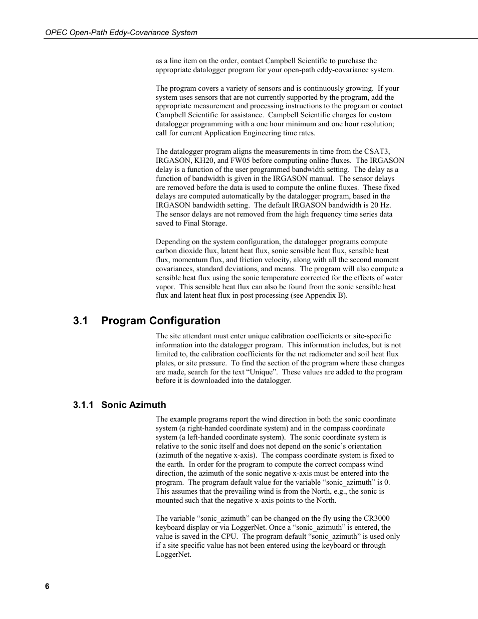 1 program configuration, 1 sonic azimuth, Program configuration | Sonic azimuth, 1 program c, Onfiguration | Campbell Scientific Open Path Eddy Covariance (OPEC) User Manual | Page 14 / 56