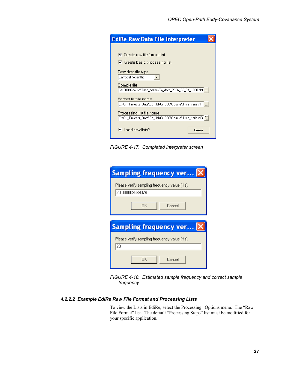 Example edire raw file format and processing lists, 17. completed interpreter screen, E figure 4-17 | Figure 4-18 | Campbell Scientific Open Path Eddy Covariance (OPEC) User Manual | Page 35 / 56