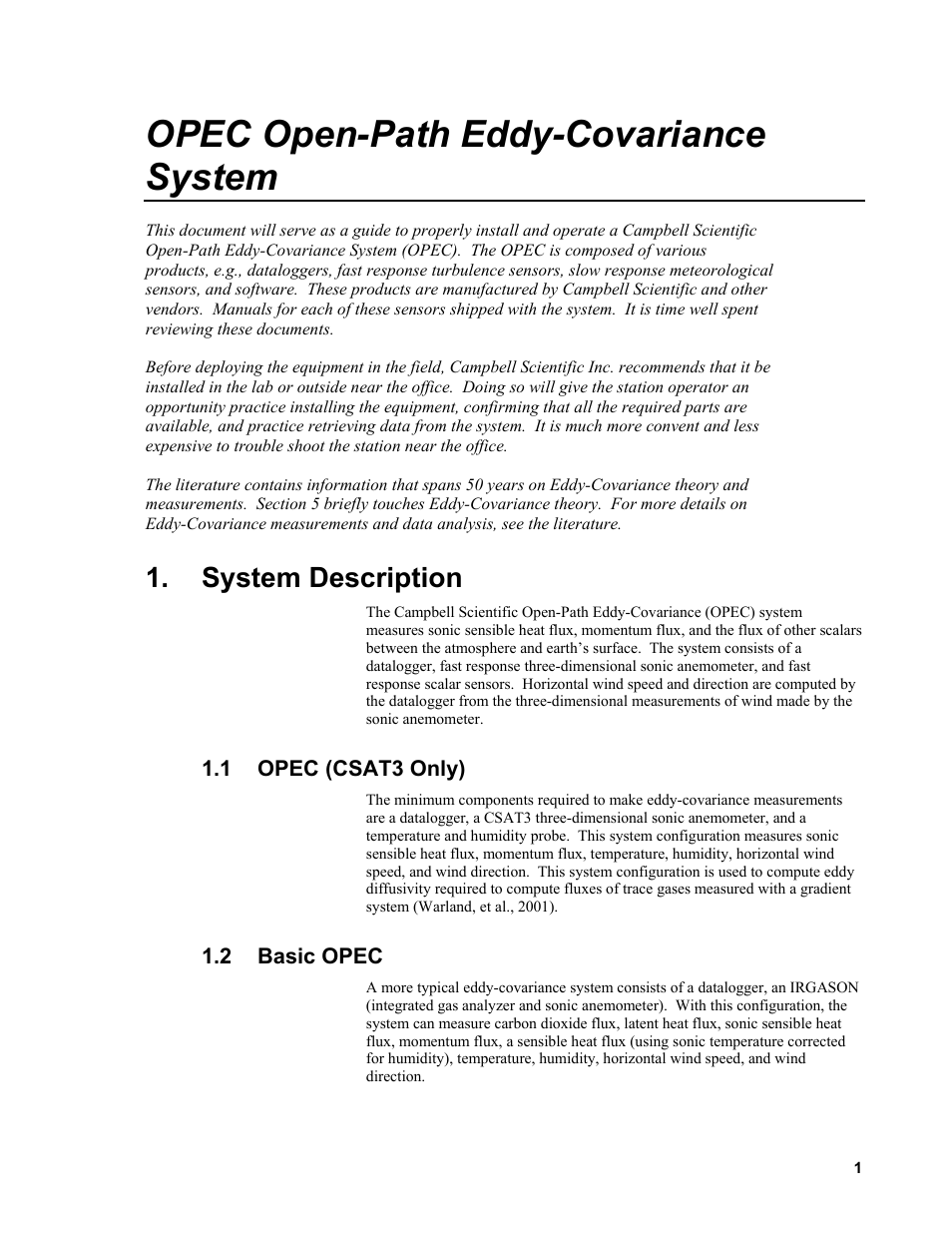 System description, 1 opec (csat3 only), 2 basic opec | Opec (csat3 only), Basic opec, Opec open-path eddy-covariance system | Campbell Scientific Open Path Eddy Covariance (OPEC) User Manual | Page 9 / 56