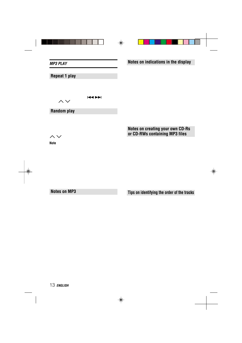 Repeat 1 play, Random play, Tips on identifying the order of the tracks | Mp3 play | Aiwa CDC-MP3 User Manual | Page 14 / 70
