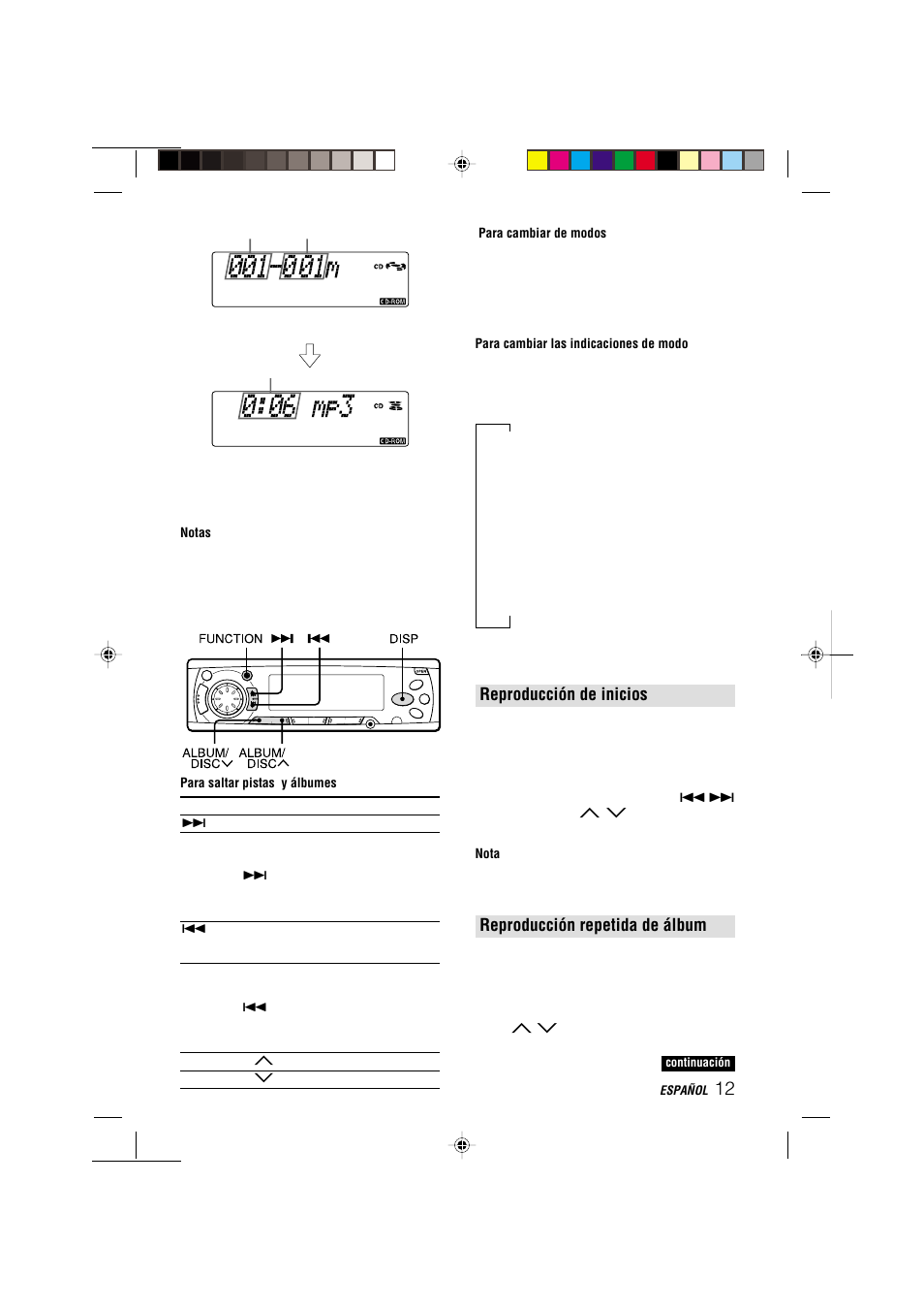 Reproducción de inicios, Reproducción repetida de álbum | Aiwa CDC-MP3 User Manual | Page 36 / 70