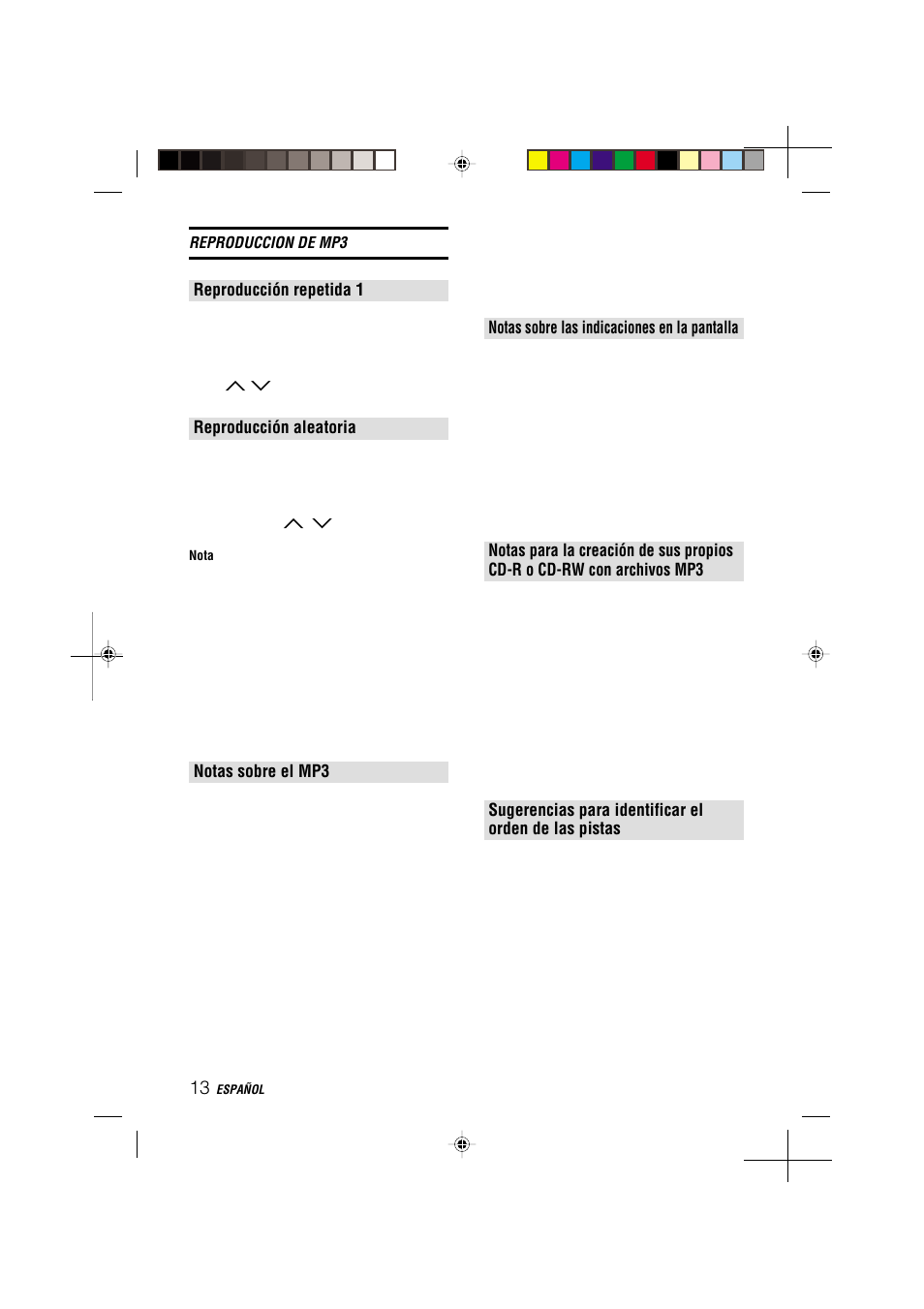 Reproducción repetida 1, Reproducción aleatoria, Notas sobre el mp3 | Notas sobre las indicaciones en la pantalla, Reproduccion de mp3 | Aiwa CDC-MP3 User Manual | Page 37 / 70