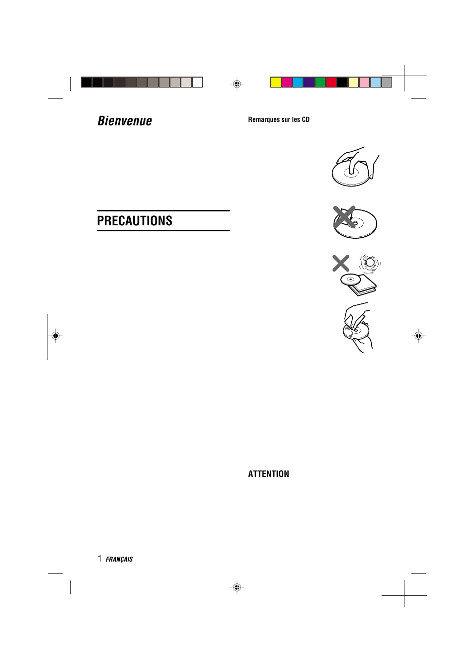 Bienvenue, Precautions, Attention | Aiwa CDC-MP3 User Manual | Page 48 / 70