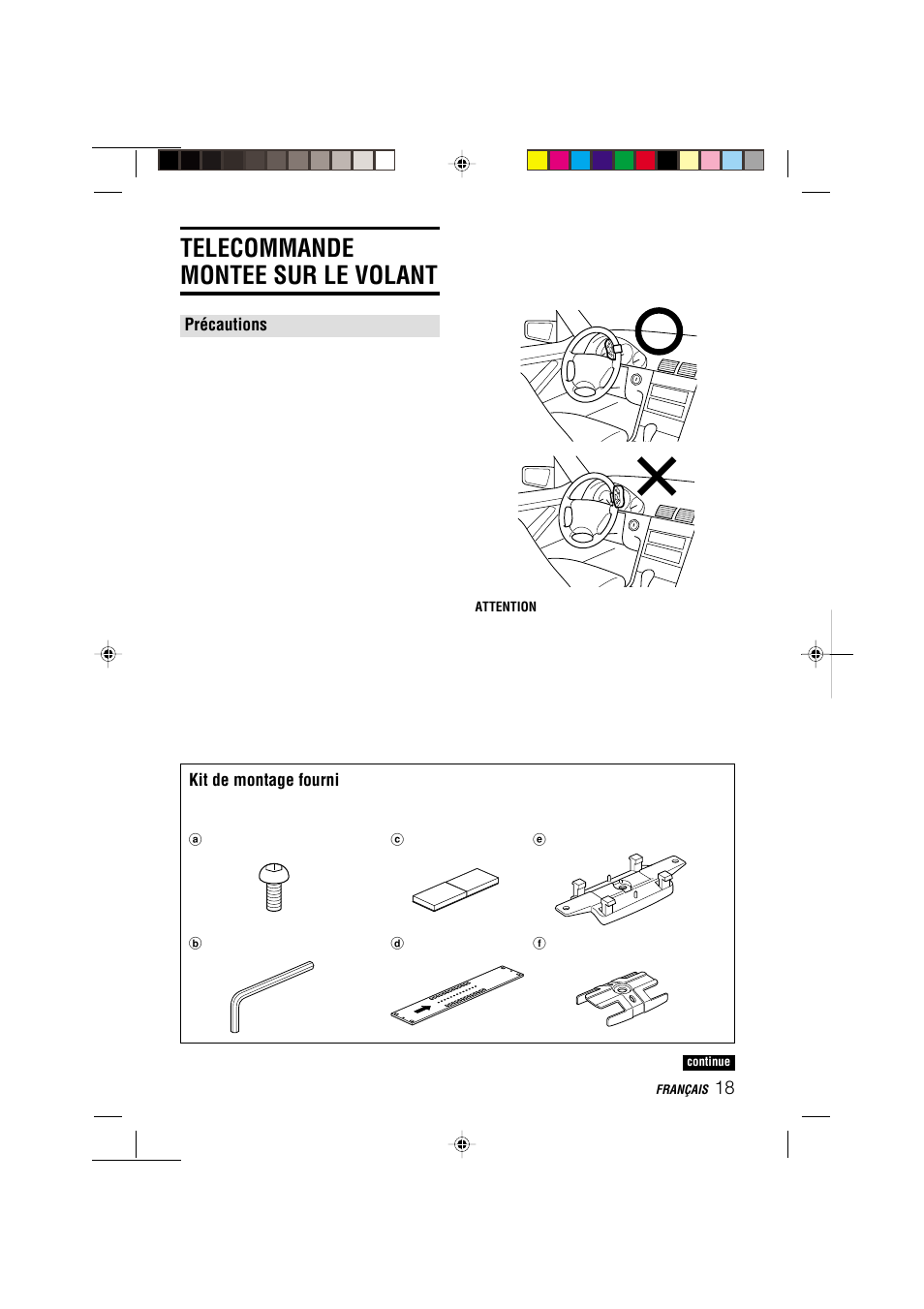 Telecommande montee sur le volant, Kit de montage fourni, Précautions | Aiwa CDC-MP3 User Manual | Page 65 / 70
