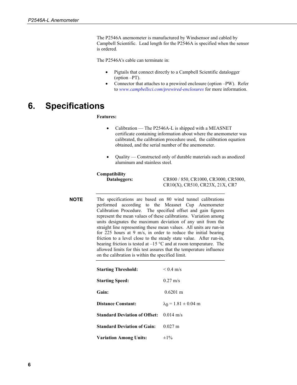 Specifications | Campbell Scientific P2546A-L Anemometer User Manual | Page 12 / 20