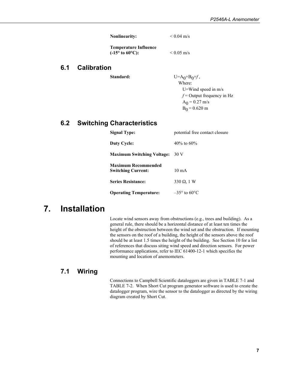 1 calibration, 2 switching characteristics, Installation | 1 wiring, Calibration, Switching characteristics, Wiring | Campbell Scientific P2546A-L Anemometer User Manual | Page 13 / 20