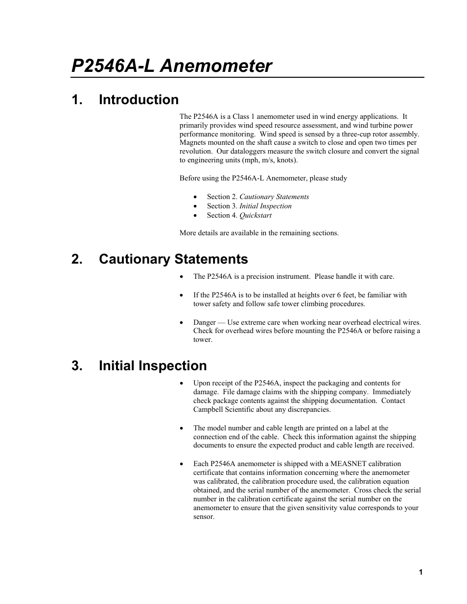 Introduction, Cautionary statements, Initial inspection | P2546a-l anemometer | Campbell Scientific P2546A-L Anemometer User Manual | Page 7 / 20