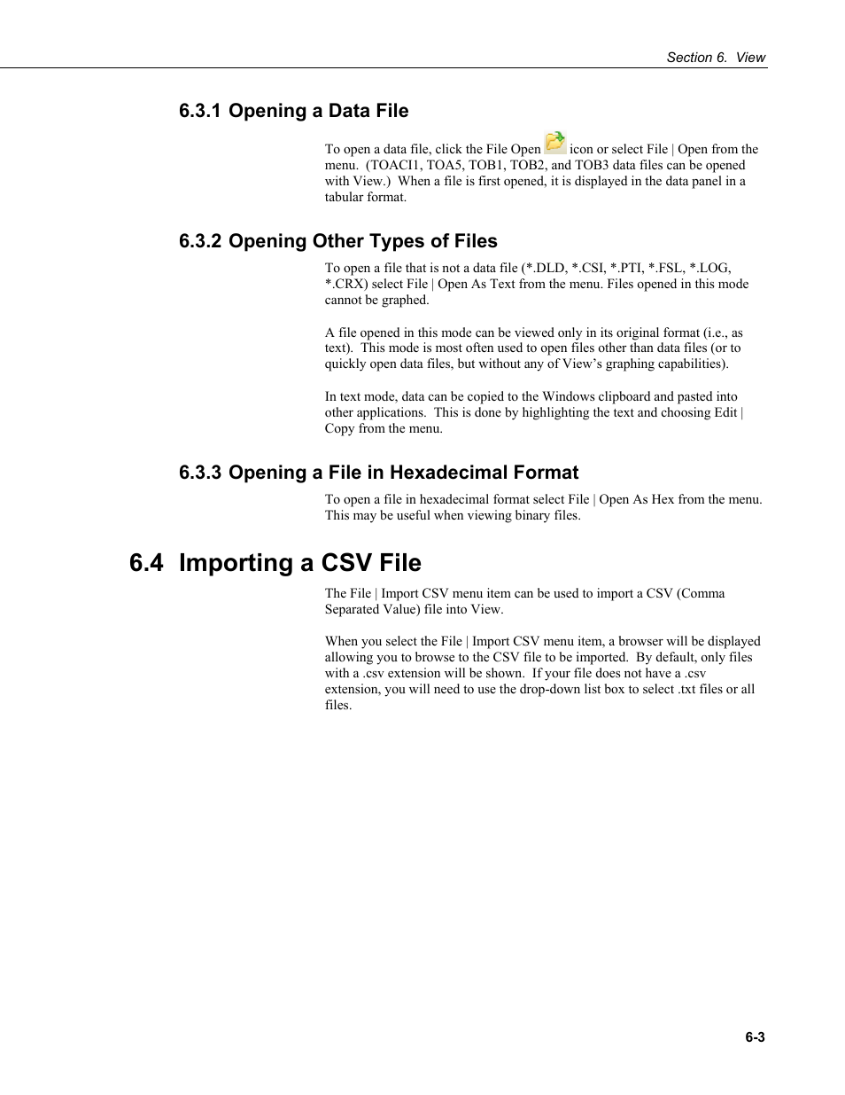 1 opening a data file, 2 opening other types of files, 3 opening a file in hexadecimal format | 4 importing a csv file, 4 importing, Csv file -3 | Campbell Scientific PC400 Datalogger Support Software User Manual | Page 103 / 254