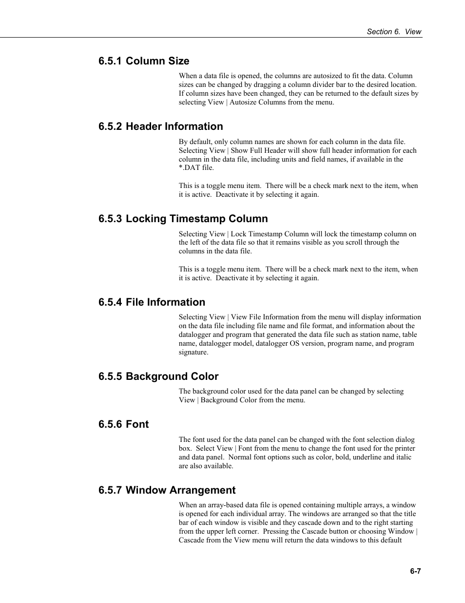 1 column size, 2 header information, 3 locking timestamp column | 4 file information, 5 background color, 6 font, 7 window arrangement, 1 column, Size -7, 2 header | Campbell Scientific PC400 Datalogger Support Software User Manual | Page 107 / 254