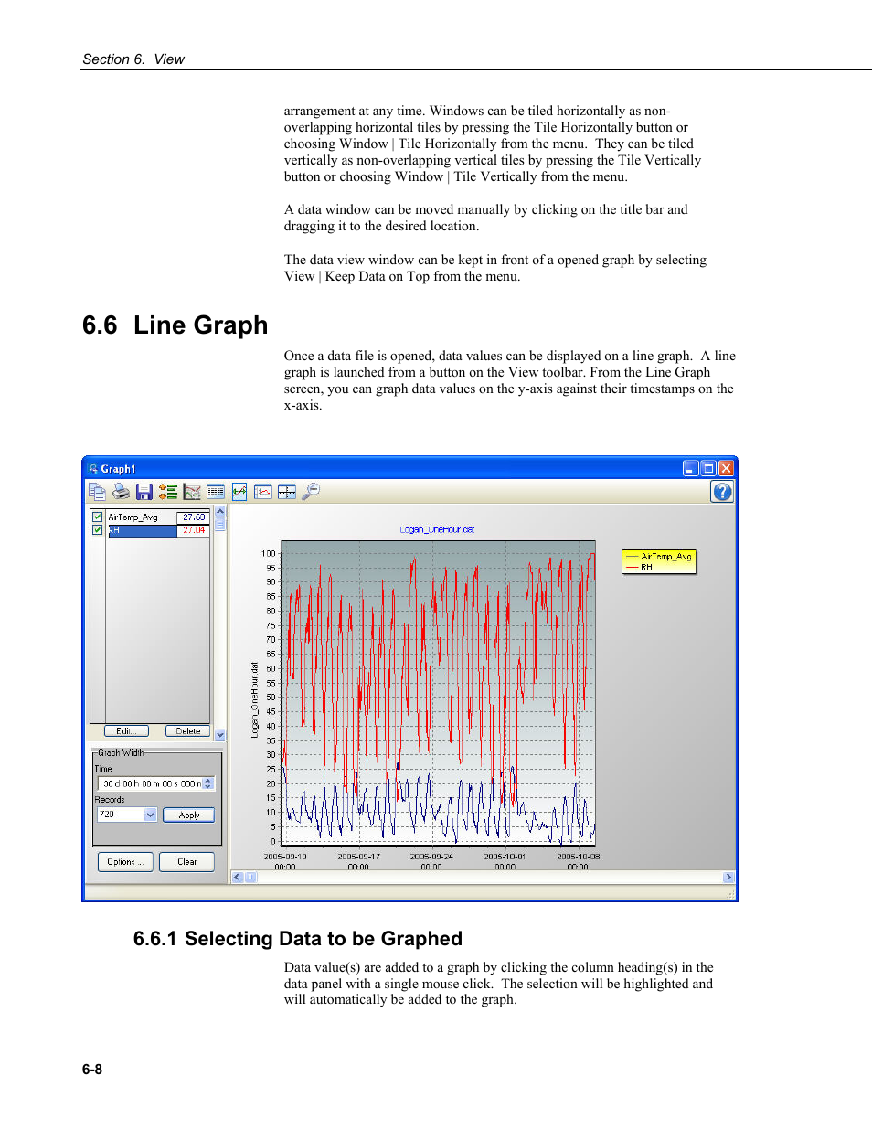 6 line graph, 1 selecting data to be graphed, 6 line | Graph -8, 1 selecting data to be graphed -8 | Campbell Scientific PC400 Datalogger Support Software User Manual | Page 108 / 254