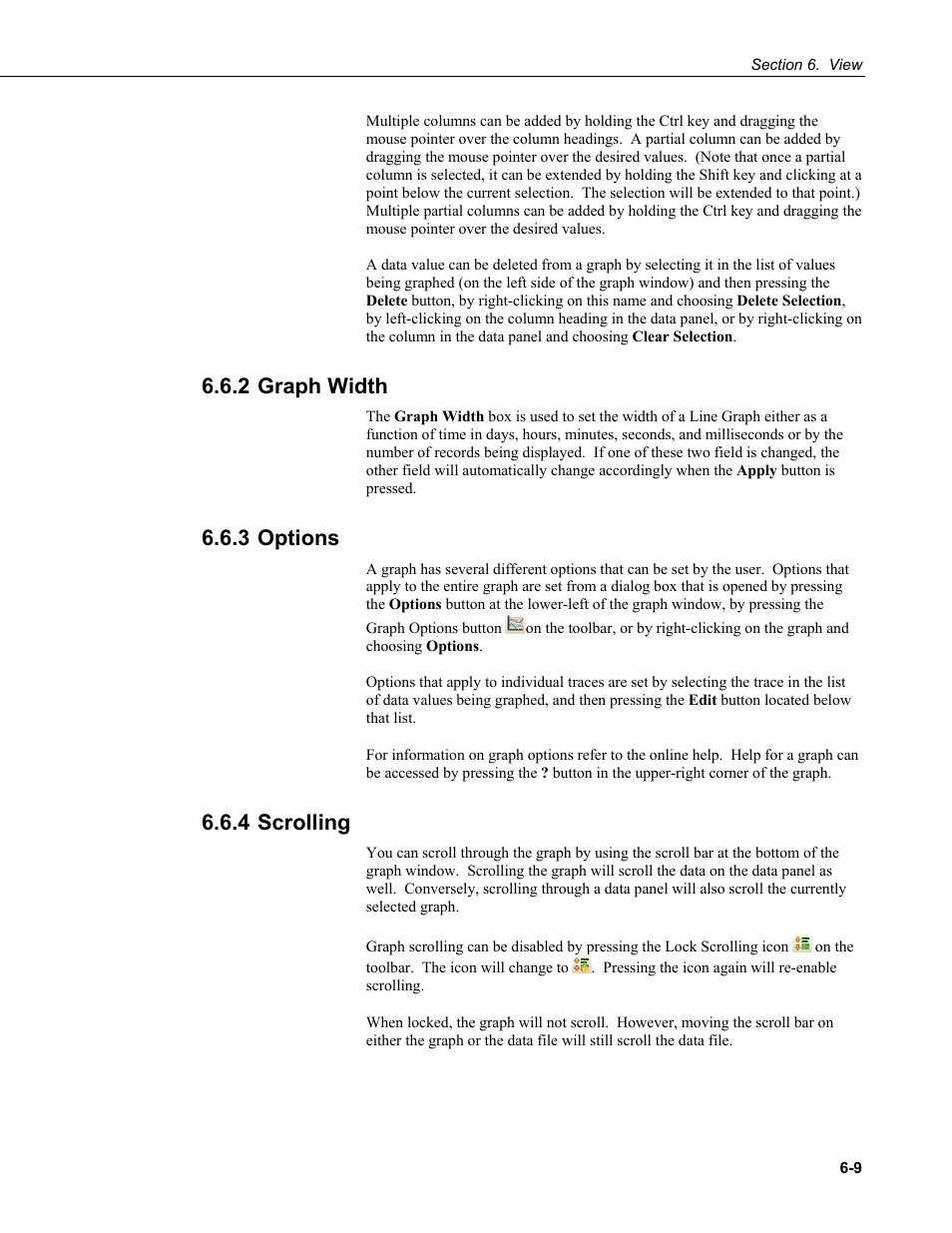 2 graph width, 3 options, 4 scrolling | 2 graph, Width -9, 3 options -9 6.6.4 scrolling -9 | Campbell Scientific PC400 Datalogger Support Software User Manual | Page 109 / 254