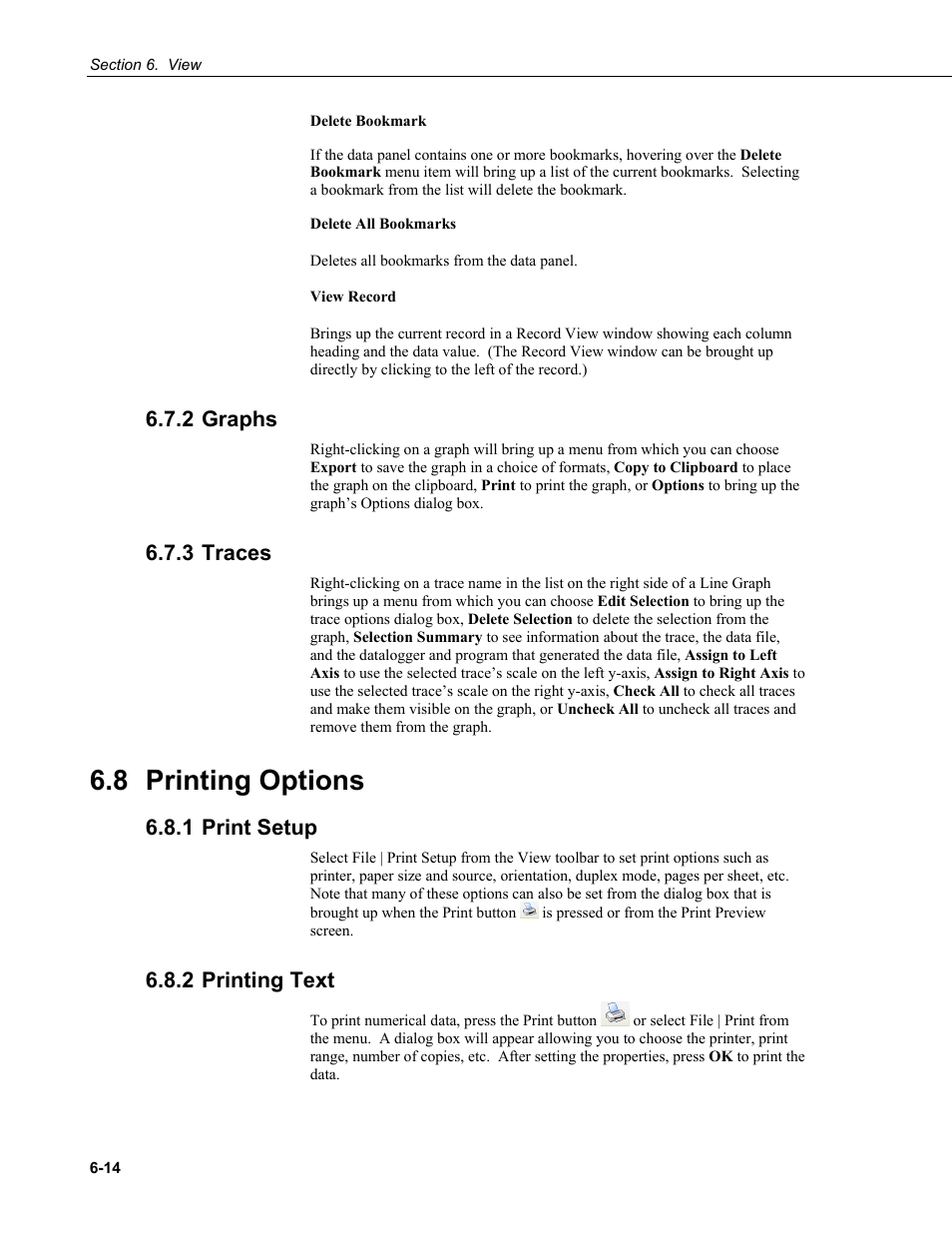 2 graphs, 3 traces, 8 printing options | 1 print setup, 2 printing text, 2 graphs -14 6.7.3 traces -14, 8 printing, Options -14, 1 print, Setup -14 | Campbell Scientific PC400 Datalogger Support Software User Manual | Page 114 / 254