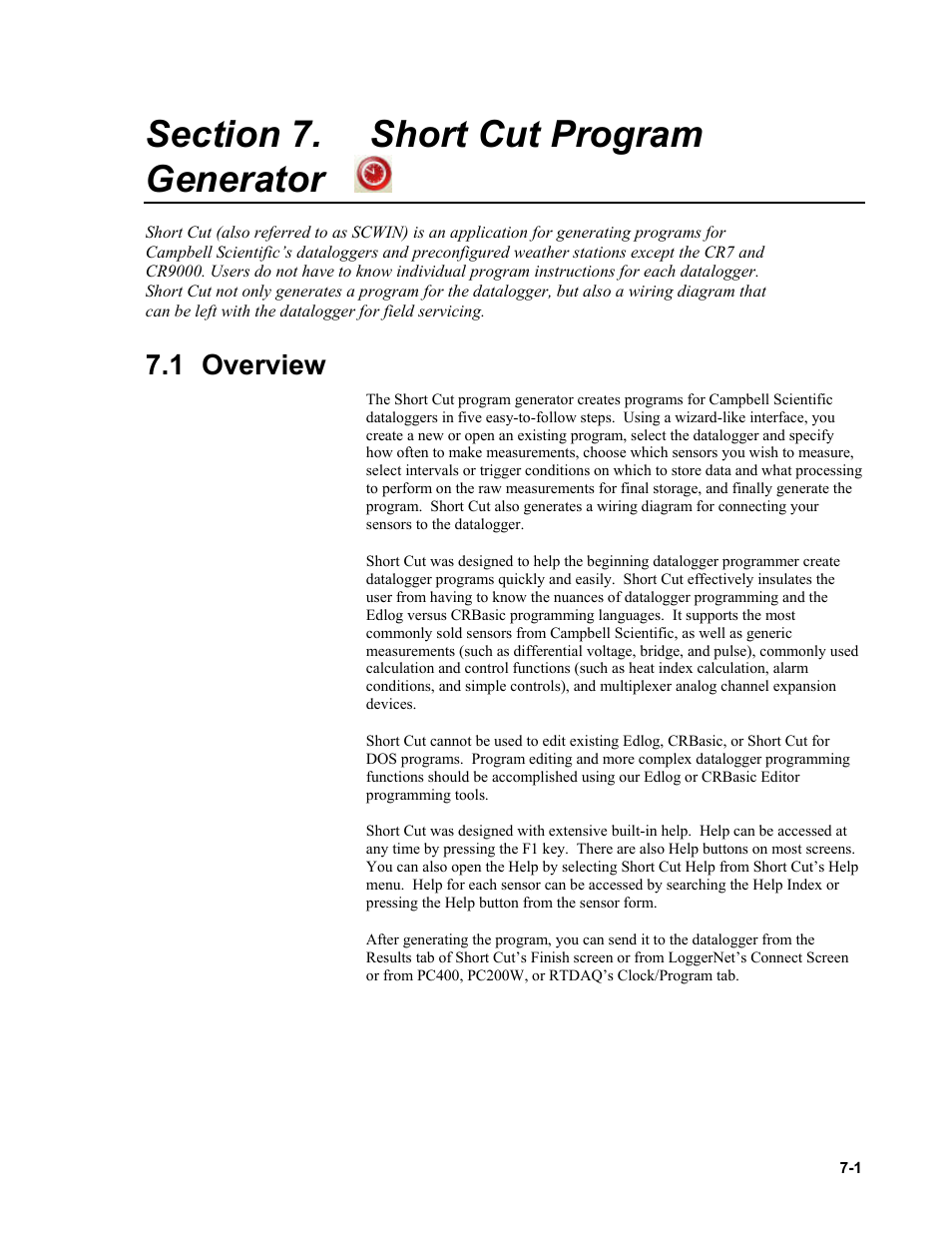 Section 7. short cut program generator, 1 overview, Short cut program generator -1 | 1 overview -1 | Campbell Scientific PC400 Datalogger Support Software User Manual | Page 117 / 254
