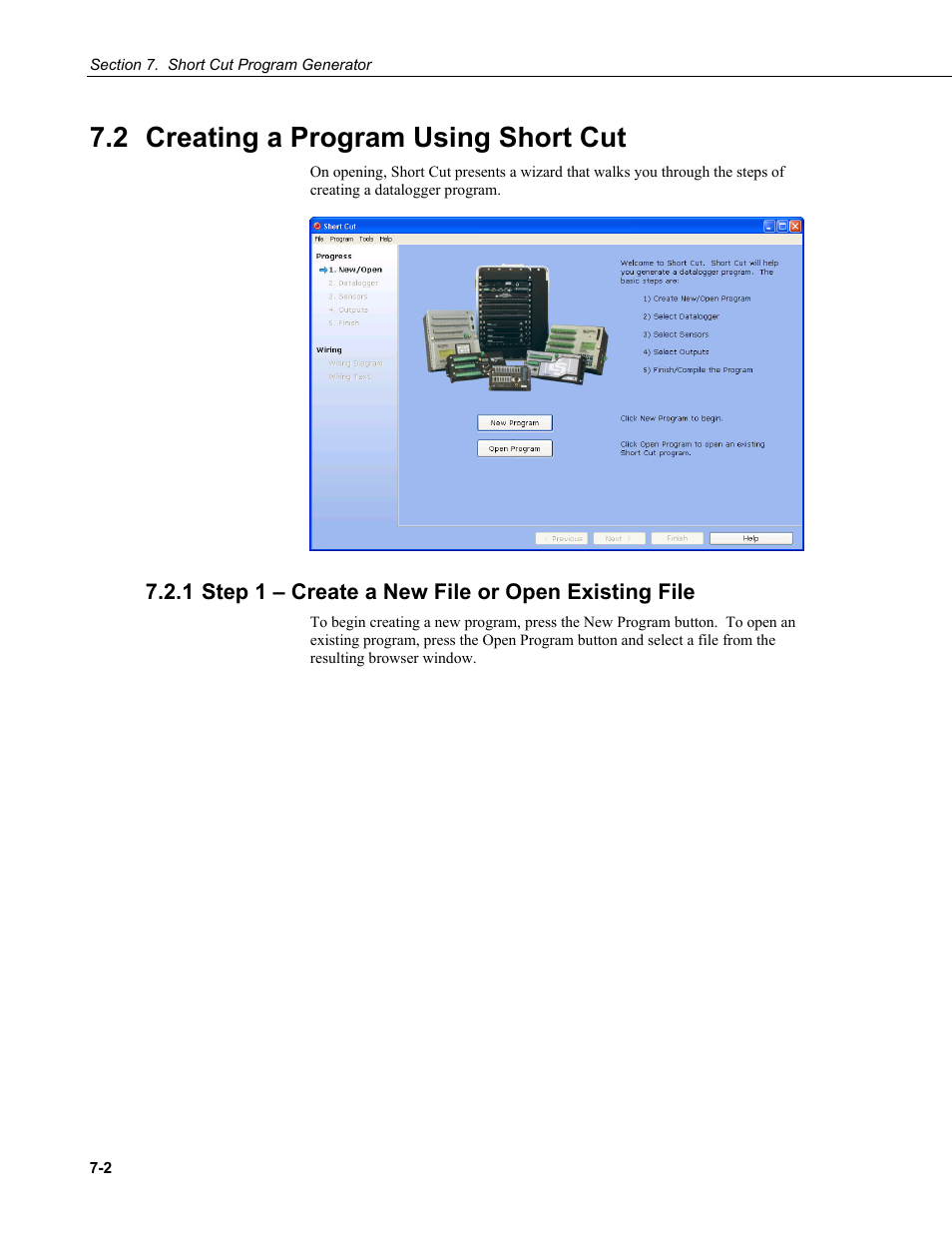 2 creating a program using short cut, 1 step 1 – create a new file or open existing file, Creating a program using short cut -2 | Campbell Scientific PC400 Datalogger Support Software User Manual | Page 118 / 254