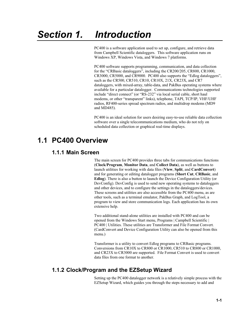 Section 1. introduction, 1 pc400 overview, 1 main screen | 2 clock/program and the ezsetup wizard, Introduction -1, 1 pc400, Overview -1, 1 main, Screen -1, 2 clock/program | Campbell Scientific PC400 Datalogger Support Software User Manual | Page 13 / 254