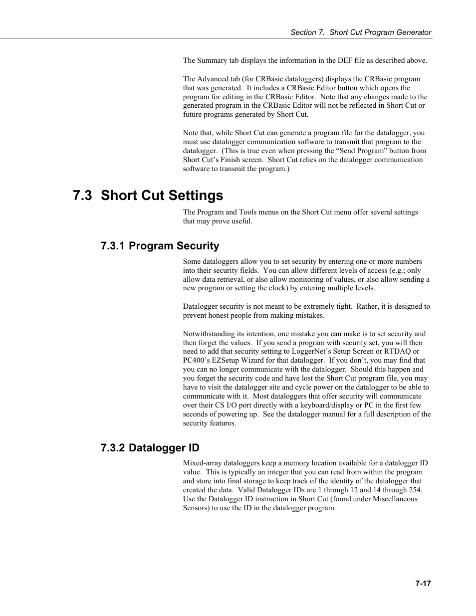 3 short cut settings, 1 program security, 2 datalogger id | 3 short, Settings -17, 1 program, Security -17, 2 datalogger, Id -17 | Campbell Scientific PC400 Datalogger Support Software User Manual | Page 133 / 254