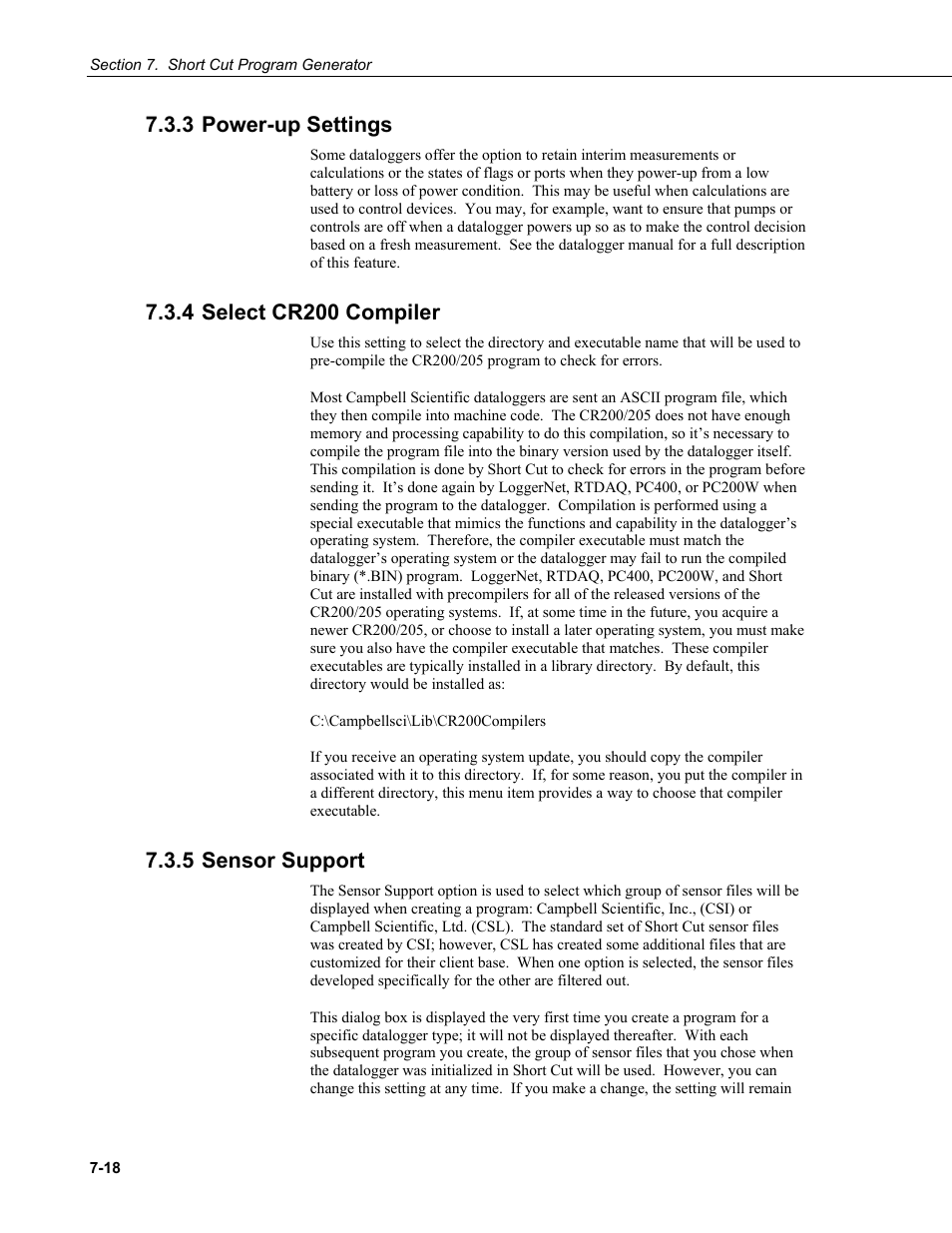 3 power-up settings, 4 select cr200 compiler, 5 sensor support | 3 power-up, Settings -18, 4 select, Cr200 compiler -18, 5 sensor, Support -18 | Campbell Scientific PC400 Datalogger Support Software User Manual | Page 134 / 254