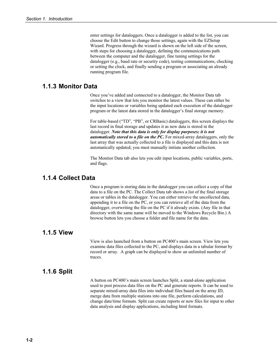 3 monitor data, 4 collect data, 5 view | 6 split, 3 monitor, Data -2, 4 collect, 5 view -2 1.1.6 split -2 | Campbell Scientific PC400 Datalogger Support Software User Manual | Page 14 / 254