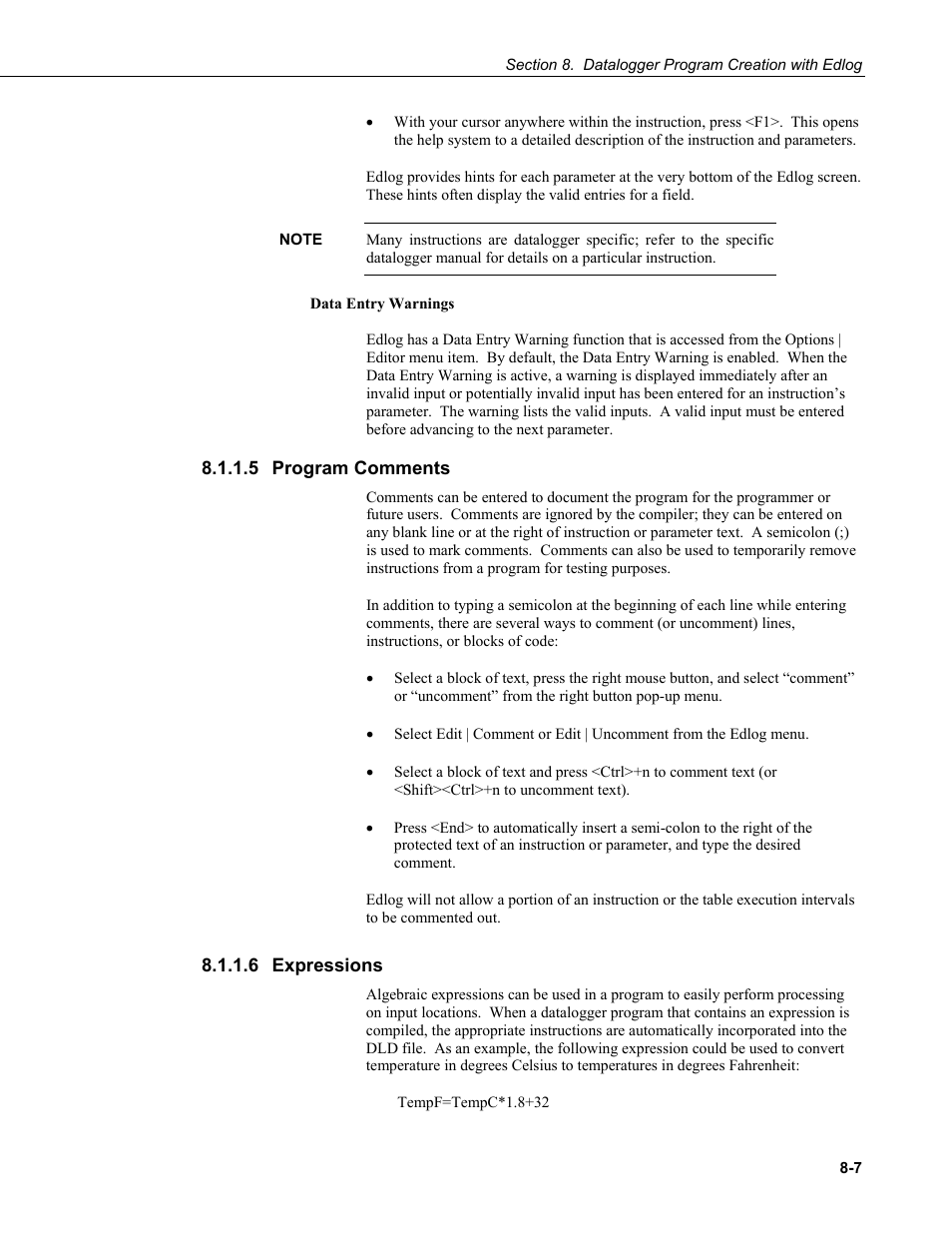 5 program comments, 6 expressions, 5 program | Comments -7, 6 expressions -7 | Campbell Scientific PC400 Datalogger Support Software User Manual | Page 143 / 254