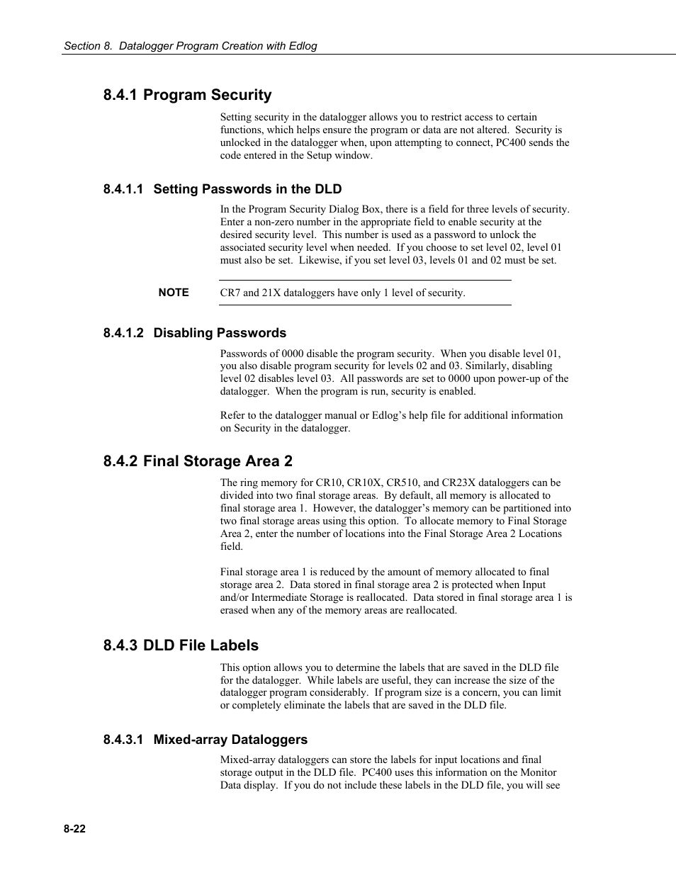 1 program security, 1 setting passwords in the dld, 2 disabling passwords | 2 final storage area 2, 3 dld file labels, 1 mixed-array dataloggers, 1 program, Security -22, Passwords -22, 1 mixed-array | Campbell Scientific PC400 Datalogger Support Software User Manual | Page 158 / 254