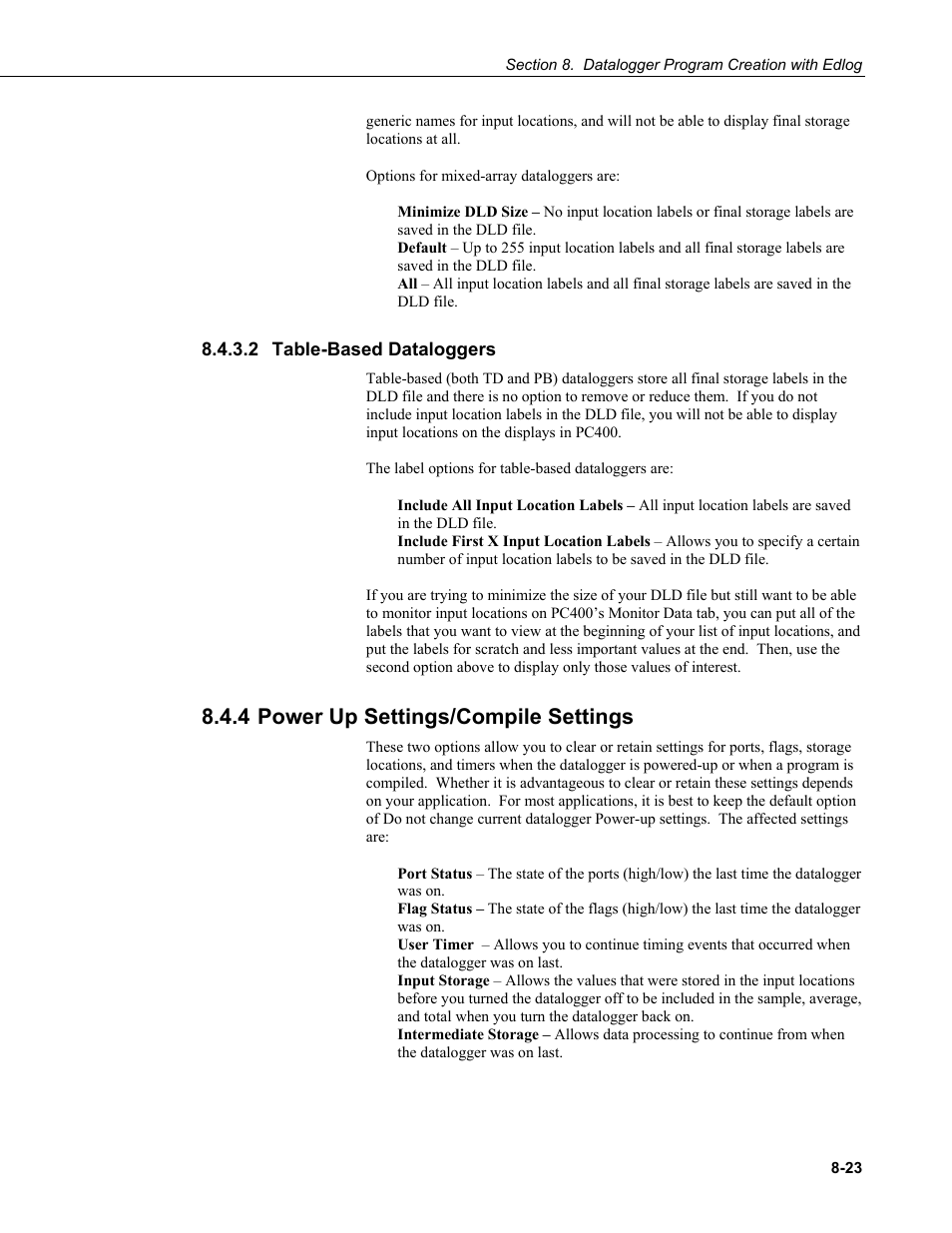 2 table-based dataloggers, 4 power up settings/compile settings, 2 table-based | Dataloggers -23, 4 power, Settings/compile settings -23 | Campbell Scientific PC400 Datalogger Support Software User Manual | Page 159 / 254