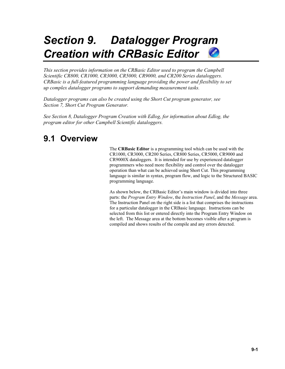 1 overview, Datalogger program creation with crbasic, Editor -1 | 1 overview -1 | Campbell Scientific PC400 Datalogger Support Software User Manual | Page 163 / 254