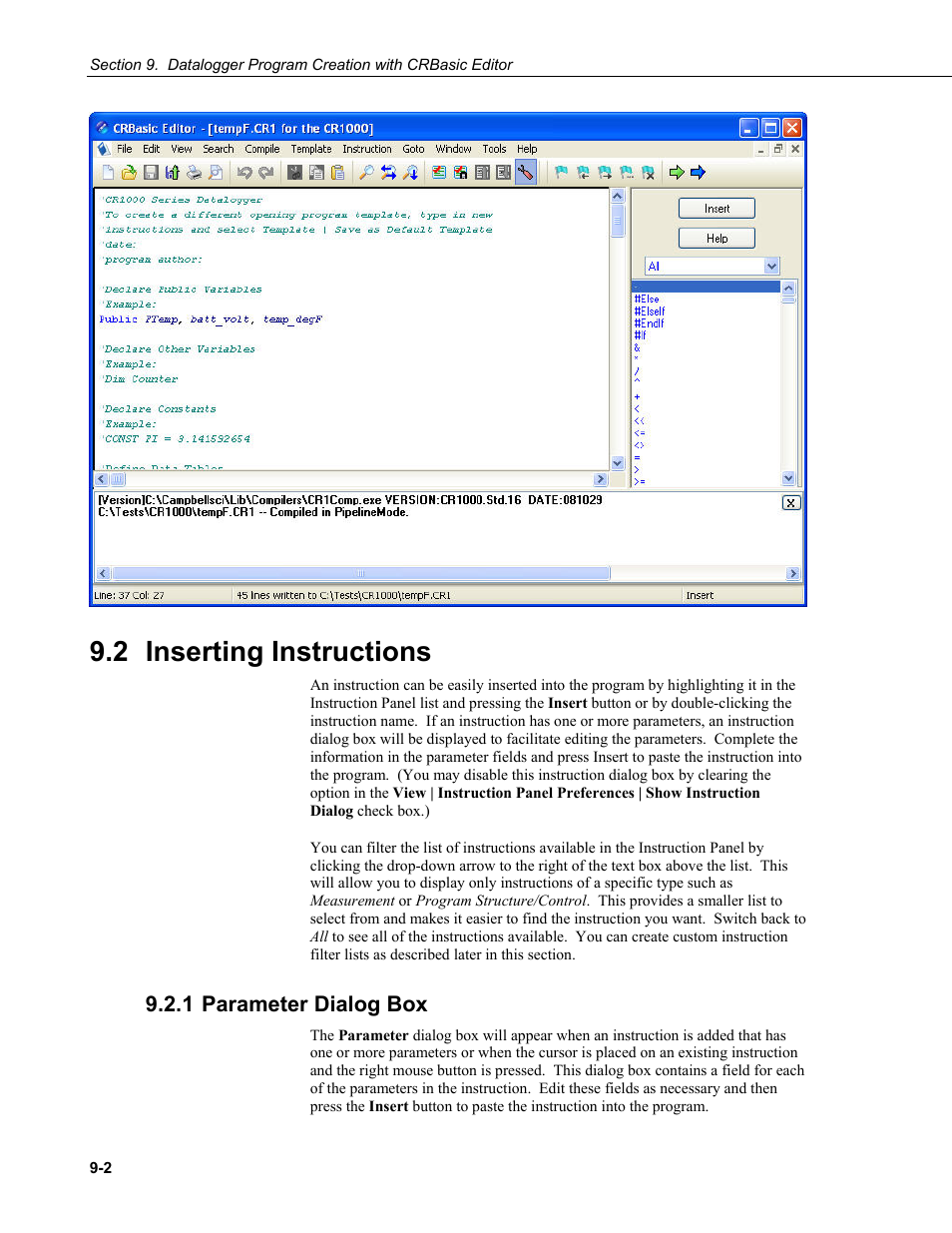 2 inserting instructions, 1 parameter dialog box, 2 inserting | Instructions -2, 1 parameter, Dialog box -2 | Campbell Scientific PC400 Datalogger Support Software User Manual | Page 164 / 254