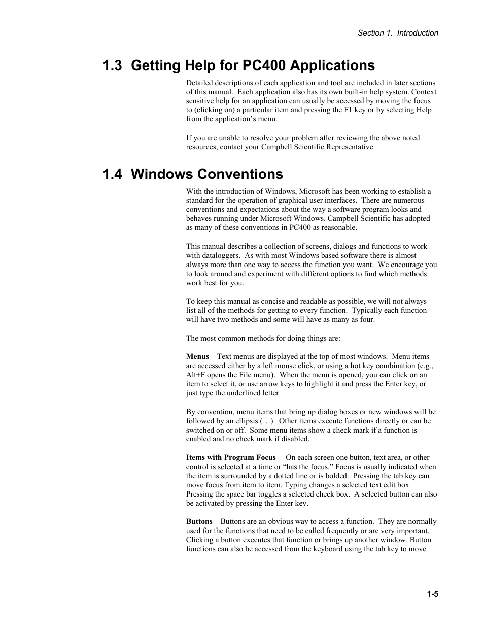 3 getting help for pc400 applications, 4 windows conventions, Getting help for pc400 applications -5 | 4 windows, Conventions -5 | Campbell Scientific PC400 Datalogger Support Software User Manual | Page 17 / 254