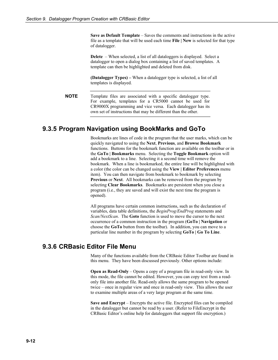 5 program navigation using bookmarks and goto, 6 crbasic editor file menu, 5 program | Navigation, Using bookmarks and goto -12, 6 crbasic, Editor, File menu -12 | Campbell Scientific PC400 Datalogger Support Software User Manual | Page 174 / 254