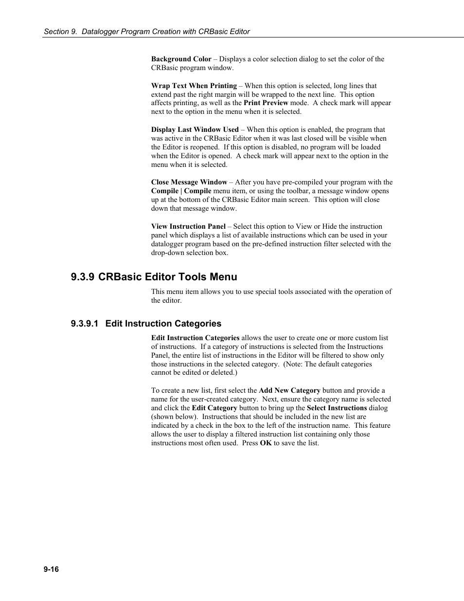 9 crbasic editor tools menu, 1 edit instruction categories, 9 crbasic | Editor, Tools menu -16, 1 edit, Instruction categories -16 | Campbell Scientific PC400 Datalogger Support Software User Manual | Page 178 / 254