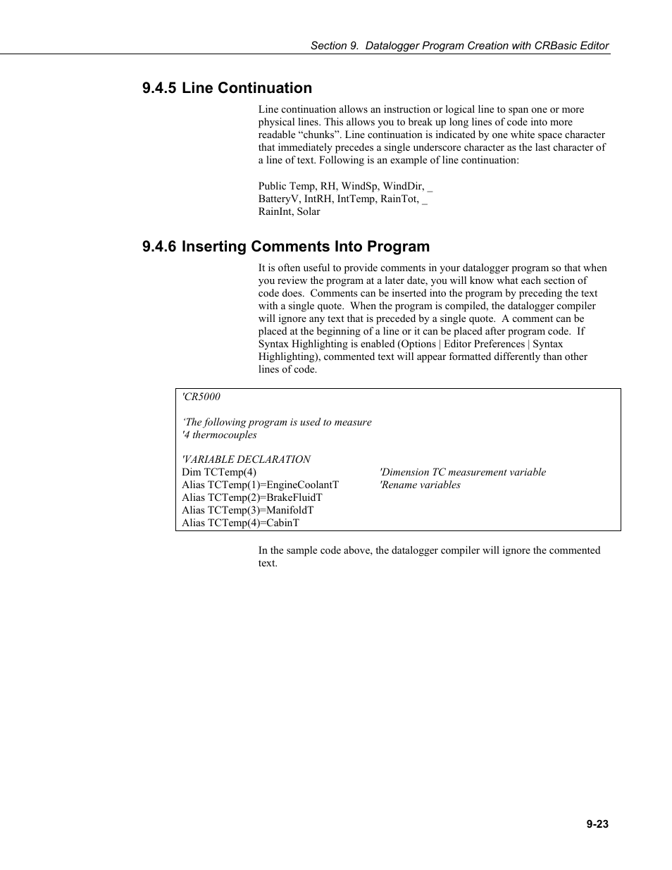 5 line continuation, 6 inserting comments into program, 5 line | Continuation -23, 6 inserting comments into program -23 | Campbell Scientific PC400 Datalogger Support Software User Manual | Page 185 / 254