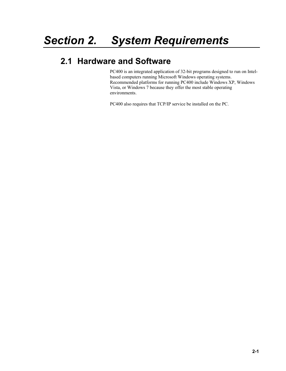 Section 2. system requirements, 1 hardware and software, System requirements -1 | 1 hardware, Software -1 | Campbell Scientific PC400 Datalogger Support Software User Manual | Page 19 / 254