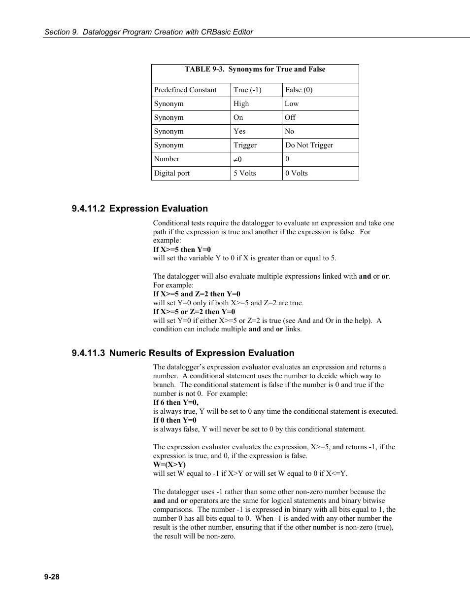 2 expression evaluation, 3 numeric results of expression evaluation, 3. synonyms | True and false -28 | Campbell Scientific PC400 Datalogger Support Software User Manual | Page 190 / 254
