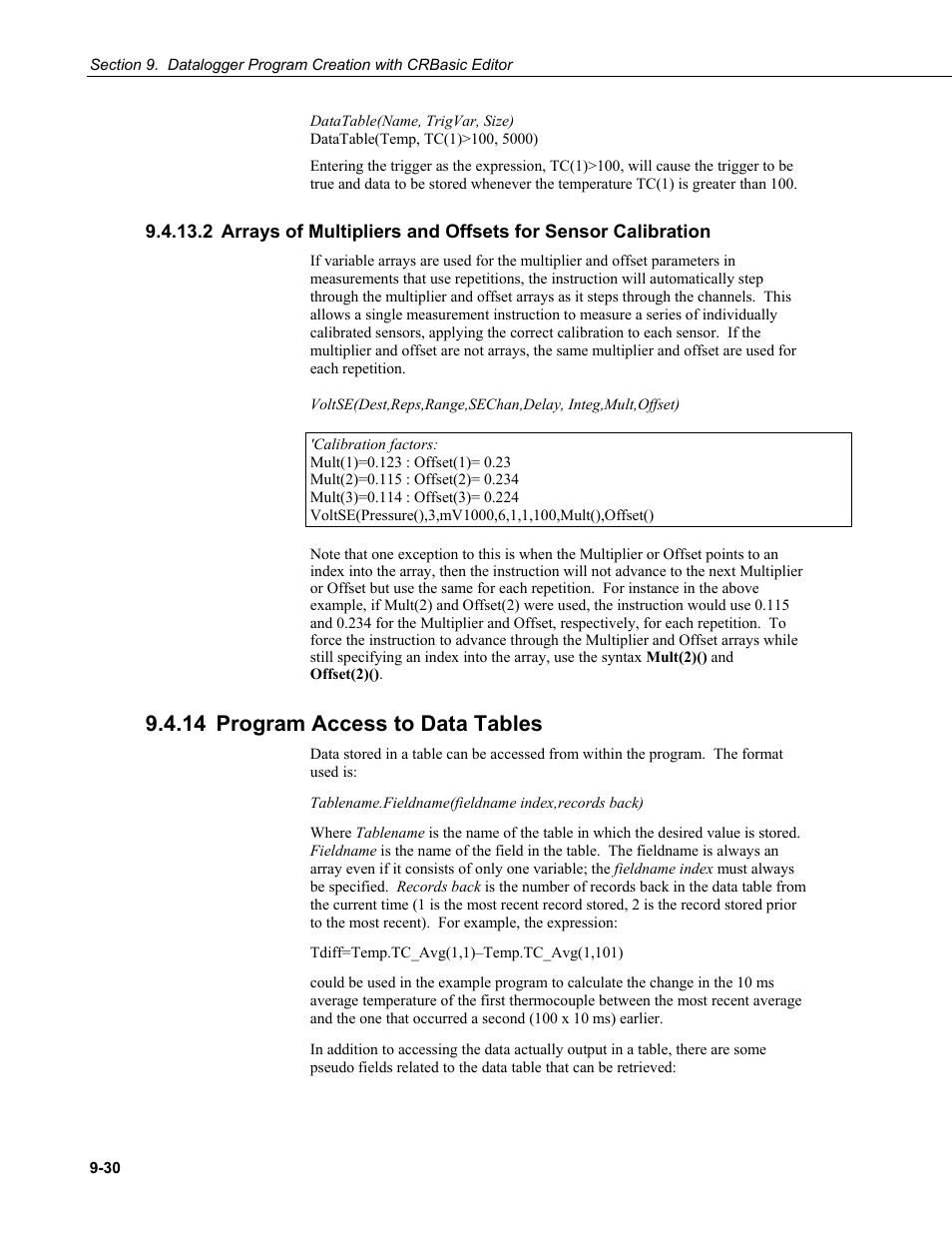 14 program access to data tables, 2 arrays of multipliers and offsets for sensor, Calibration -30 | 14 program access to data tables -30 | Campbell Scientific PC400 Datalogger Support Software User Manual | Page 192 / 254