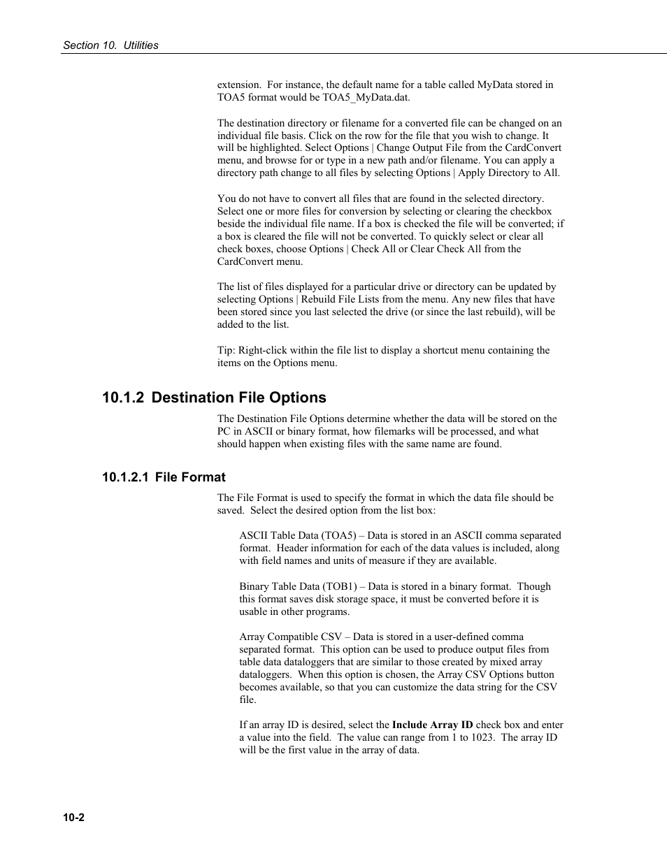 2 destination file options, 1 file format, 2 destination file options -2 | 1 file format -2 | Campbell Scientific PC400 Datalogger Support Software User Manual | Page 196 / 254