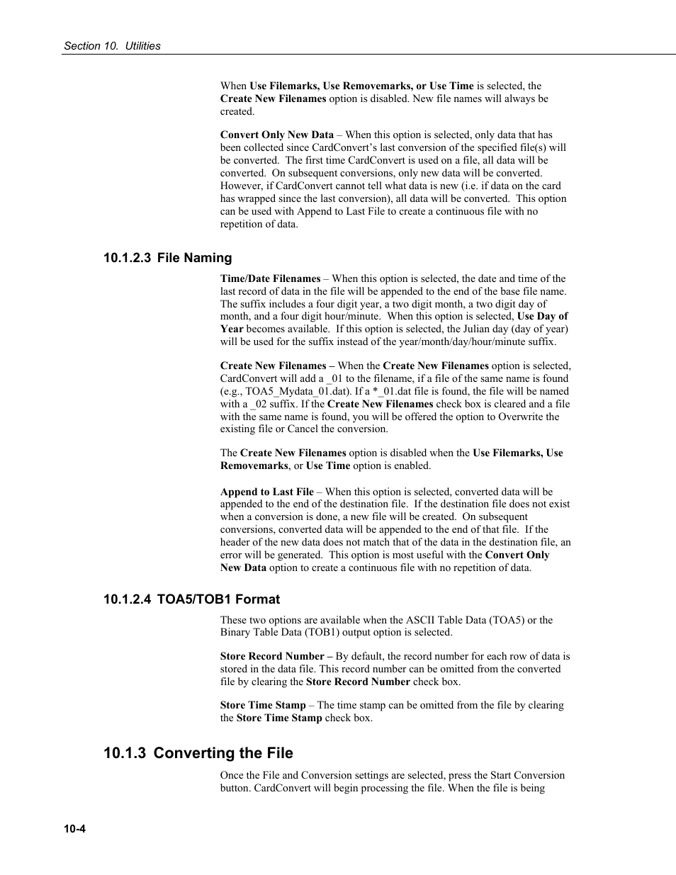 3 file naming, 4 toa5/tob1 format, 3 converting the file | 3 file naming -4 10.1.2.4 toa5/tob1 format -4, 3 converting the file -4 | Campbell Scientific PC400 Datalogger Support Software User Manual | Page 198 / 254