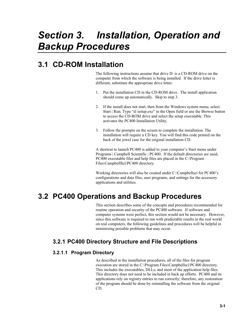 1 cd-rom installation, 2 pc400 operations and backup procedures, 1 pc400 directory structure and file descriptions | 1 program directory, Installation, operation and backup procedures -1, 1 cd-rom, Installation -1, 2 pc400, Operations, Backup procedures -1 | Campbell Scientific PC400 Datalogger Support Software User Manual | Page 21 / 254