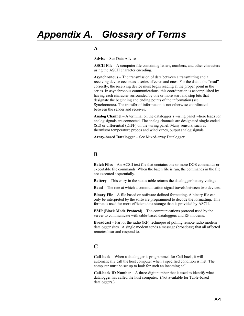 Appendix a. glossary of terms | Campbell Scientific PC400 Datalogger Support Software User Manual | Page 213 / 254